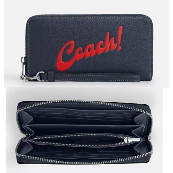 Coach Logo Women's Wallet Long Zip Around Pebble Leather Navy Authentic $298 - Picture 2 of 7